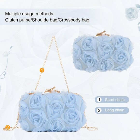Blue Women's Mesh Lace Floral Clutch Purse Elegant Evening Bag with Chain - Picture 3 of 6